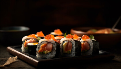 Fresh seafood on a plate, a gourmet meal of cultures generated by AI