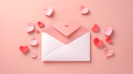 love letter envelope overflowing with paper craft hearts - flat lay on pink valentines or anniversary background with copy space