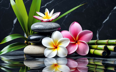 Group of flowers plumeria and bamboo sticks on a table with reflection on the surface and a black background.