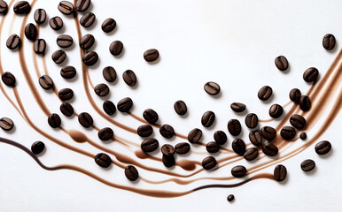 Scattering of coffee beans with coffee lines on a white background.