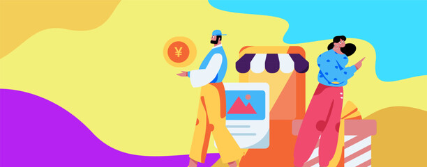 Holiday shopping people doing e-commerce online shopping flat vector concept operation hand drawn illustration
