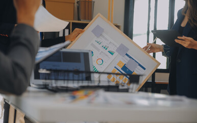 Close up ux developer and ui designer use augmented reality brainstorming about mobile app...
