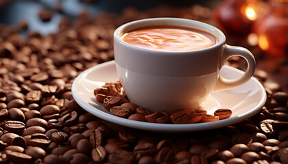 Fototapeta premium Hot coffee in a mug, close up, on a wooden table generated by AI