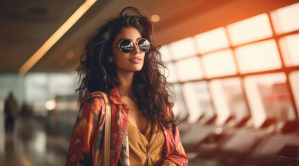 young indian woman standing on international airport - Powered by Adobe