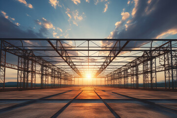 Structure of steel roof truss under the construction building with beautiful sky, site of construction. - obrazy, fototapety, plakaty