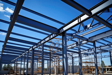 Fototapeta premium Structure of steel roof truss under the construction building with beautiful sky, site of construction.