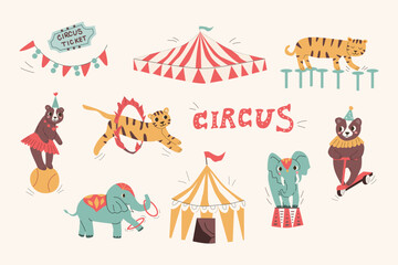 cute circus baby animals and tents - big set. Vector illustration with elephant with rings, on a drum. Bear on ball and bike. Usable for perfomance, banner, invitation. Retro design.  © ZhumaStudio