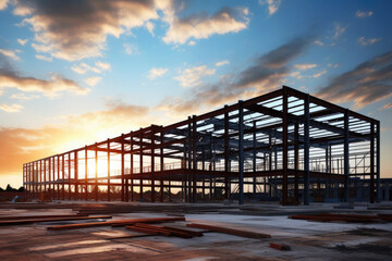 Structure of steel roof truss under the construction building with beautiful sky, site of construction.