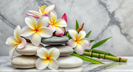 Plumeria flowers and stones on a gray white marble table with bamboo sticks.