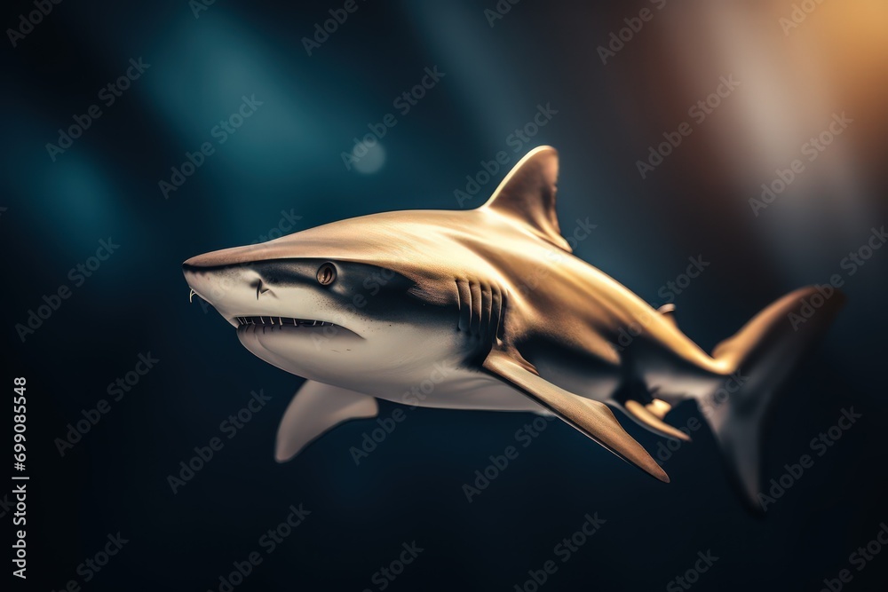 Wall mural An image of a shark swimming near a coral reef, serving as a guardian of the marine habitat and helping to control the population of prey specie