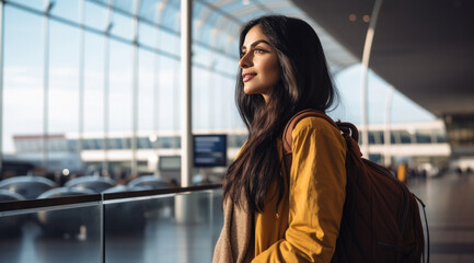 young indian woman standing on international airport - obrazy, fototapety, plakaty