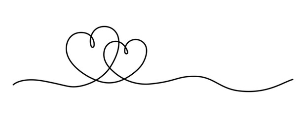 Couple of hearts formed by a continuous line – Two connected hearts – Minimalist line art of two abstract hearts representing man and woman - obrazy, fototapety, plakaty