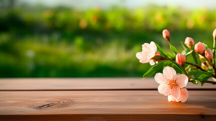 庭先のテーブルに置かれた桃の花 - obrazy, fototapety, plakaty