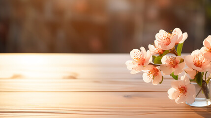 庭先のテーブルに置かれた桃の花 - obrazy, fototapety, plakaty