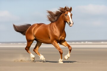 A majestic horse in mid-canter along the shoreline, its movement graceful and fluid, as if it's dancing to the rhythm of the wave