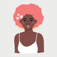 Vector illustration portrait of a beautiful African American girl with afro pink curly hairstyle and with daisy flowers