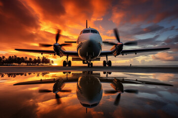 airplane standing on a beach at sunset