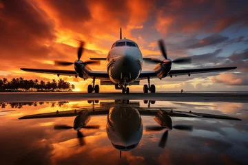 Poster airplane standing on a beach at sunset © PRASANNAPIX