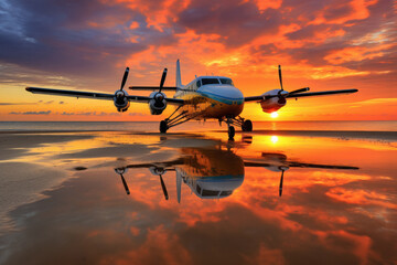 airplane standing on a beach at sunset