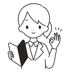 モノクロ｜初心者マークを持つスーツの女性｜OKサイン