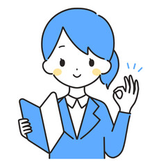青色｜初心者マークを持つスーツの女性｜OKサイン