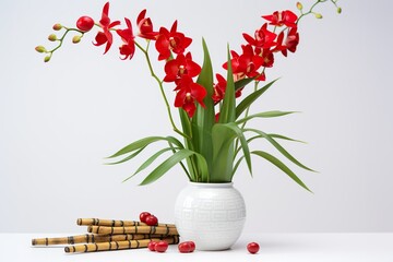 very beautiful New Year Lucky Bamboo with lunar new year red flowers decoration in a Red vase on the table, white background - obrazy, fototapety, plakaty