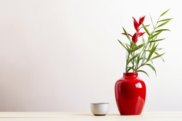 very beautiful New Year Lucky Bamboo with lunar new year red flowers decoration in a Red vase on the table, white background