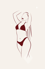 Woman stands dressed in panties and bra, underwear one line art on white isolated background. Vector illustration