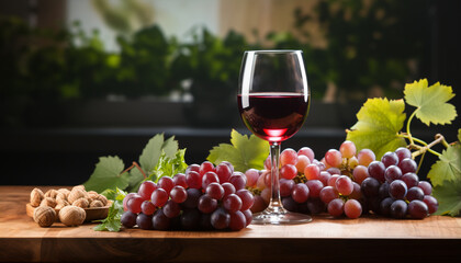 Fototapeta premium Fresh grape bunch on wooden table, nature gourmet snack generated by AI