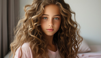 Naklejka premium One beautiful woman with long blond hair looking at camera generated by AI