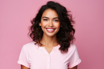 young indian woman on pink background.