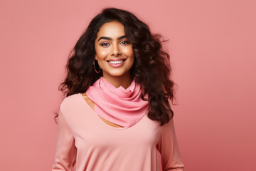 young indian woman on pink background.