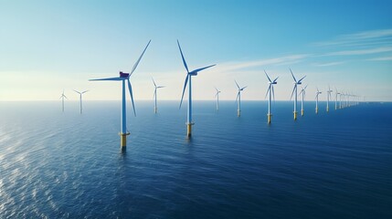 Ocean Wind Farm. Windmill farm in the ocean. Offshore wind turbines in the sea. Wind turbine from aerial view. - obrazy, fototapety, plakaty