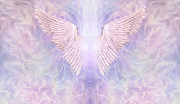Beautiful Pink Lilac Angel Healing  Background Template - pair of wings with white light between against wispy lilac pink blue background and space for text either side
