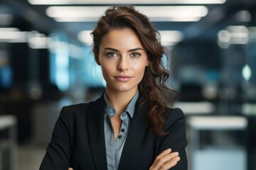 Fototapeta premium portrait, business, businesswoman, office, opportunity, co-worker, working space, leadership, smile, elegance. portrait image is close up businesswoman at working space. behind have office asset.