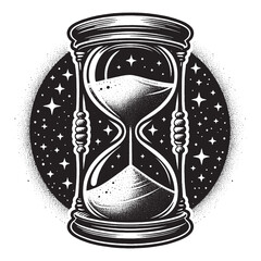 Old hourglass and stars. Vintage black engraving illustration, logo, emblem	