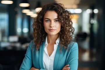 Obraz premium portrait, business, businesswoman, office, opportunity, co-worker, working space, leadership, smile, elegance. portrait image is close up businesswoman at working space. behind have office asset.