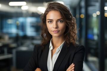 Naklejka premium portrait, business, businesswoman, office, opportunity, co-worker, working space, leadership, smile, elegance. portrait image is close up businesswoman at working space. behind have office asset.