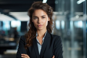 portrait, business, businesswoman, office, opportunity, co-worker, working space, leadership, smile, elegance. portrait image is close up businesswoman at working space. behind have office asset.