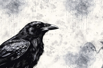 Raven illustration background for postcards or web design