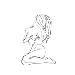 Woman abstract silhouette, nude body, single line on white background, continuous line drawing, tattoo and logo design, isolated vector illustration.