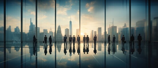 business, businessman, office, person, professional, teamwork, corporate, standing, meeting, team. silhouettes of people in a large room against a background of tall windows and height buildings.