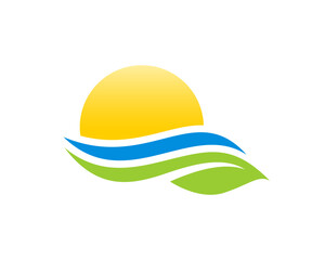 Sea wave and green leaf with sunrise vector logo