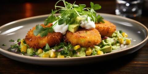 A tantalizing shot showcases a plate of goldenbrown corn fritters, their crispy exterior giving way to a soft and flavorful interior. The fritters are accompanied by a dollop of tangy lemonlime