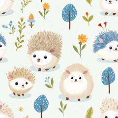 seamless background with hedgehogs and plants in the forest