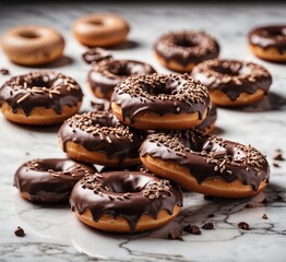 Chocolate donuts with chocolate glaze on a white marble table.