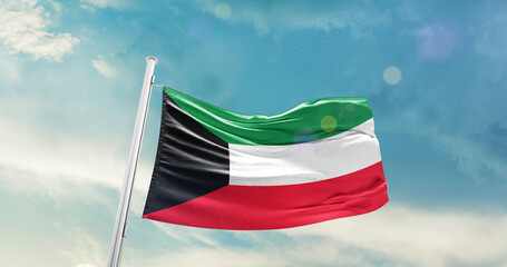 Kuwait national flag cloth fabric waving on the sky - Image