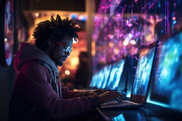 Fototapeta premium technology, computer, cyber, hacker, futuristic, network, code, coding, security, artificial intelligence. a diligent programmer typing keyboard in front monitor. find something bug or error to fix it
