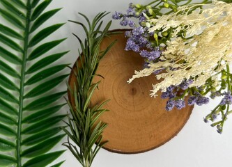 Fresh botanical green layout composition decorative background, wallpaper, or backdrop for health, beauty, or cooking themed industry. Wooden coaster platform on the background.