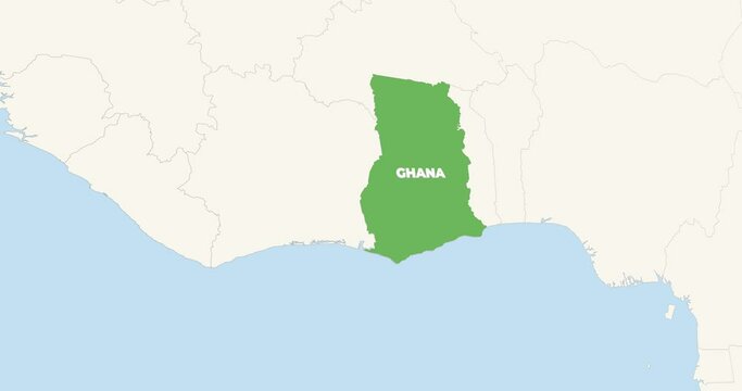 World Map Zoom In To Ghana. Animation in 4K Video. Green Ghana Territory On Blue and White World Map